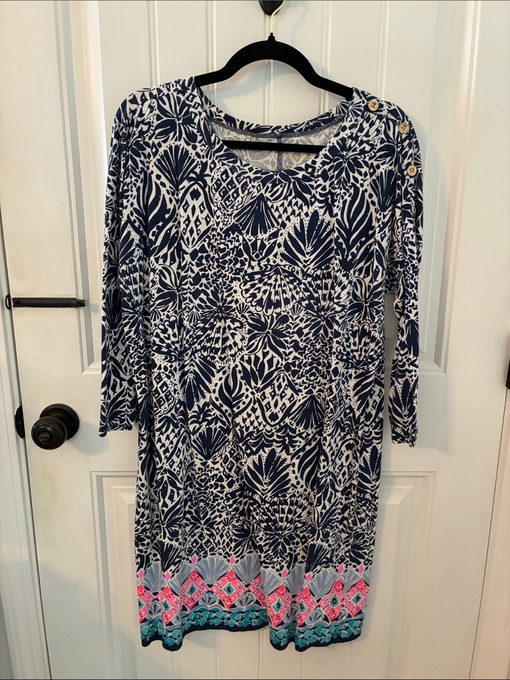 Lilly Pulitzer Navy White Shift Dress with Pink Teal Border